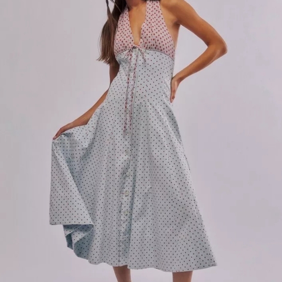 Free People Stelladonna Midi Maxi Dress Halter Polka Dot Powder Blue Red Combo - Picture 4 of 7